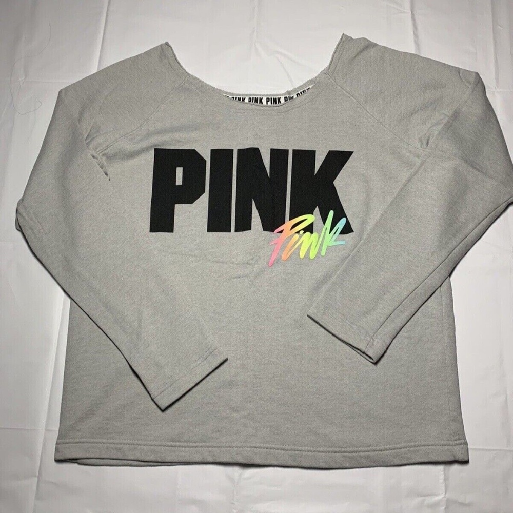 Victoria's Secret PINK Gray Black Retro Off Shoulder Light Sweatshirt Top Small